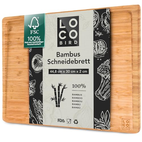 Loco Bird Schneidebrett Holz 45x30x2cm – Großes Holzbrett aus Bambus für die Küche, messerschonender Schneidbrett, Holzschneidebrett mit Saftrille, Cutting Board, Holz...