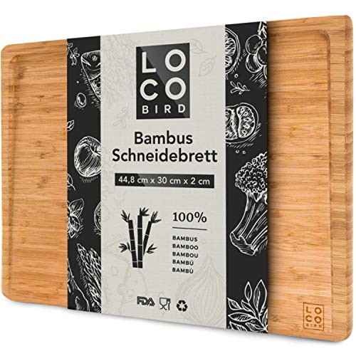 Loco Bird massives Bambus Schneidebrett mit Saftrille - 44,8x30x2 cm großes Holz-Brett für die Küche - XXL Tranchierbrett - Antibakterielles Holzbrett